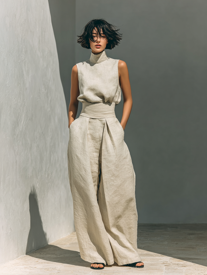 Maria | Completo di canotta e pantaloni larghi in cotone e lino minimalista per donna