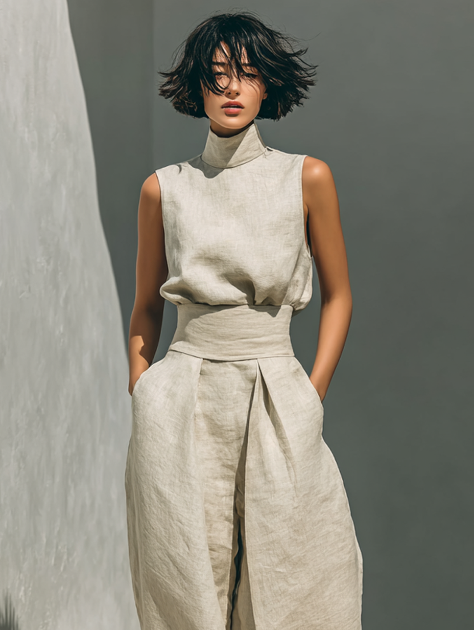 Maria | Completo di canotta e pantaloni larghi in cotone e lino minimalista per donna
