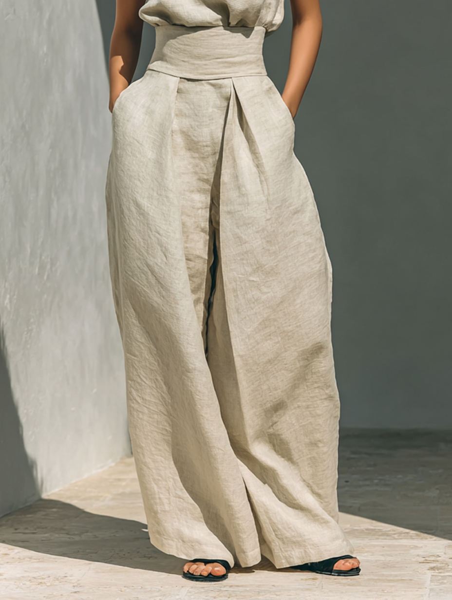 Maria | Completo di canotta e pantaloni larghi in cotone e lino minimalista per donna