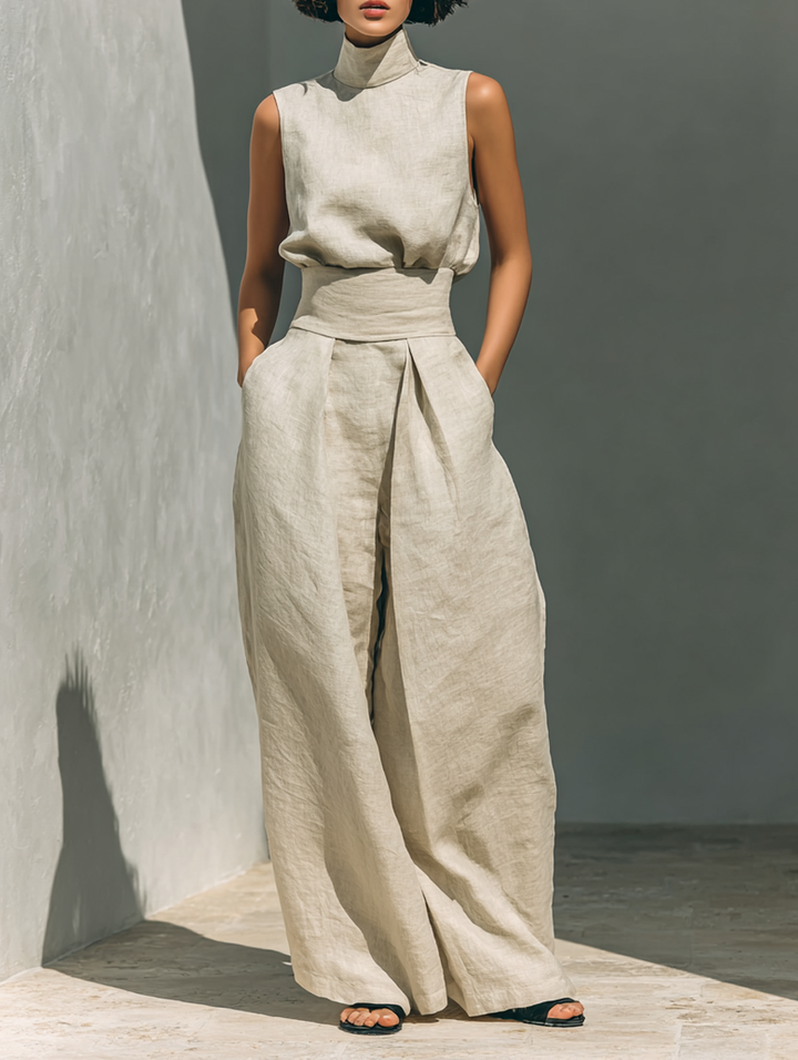 Maria | Completo di canotta e pantaloni larghi in cotone e lino minimalista per donna