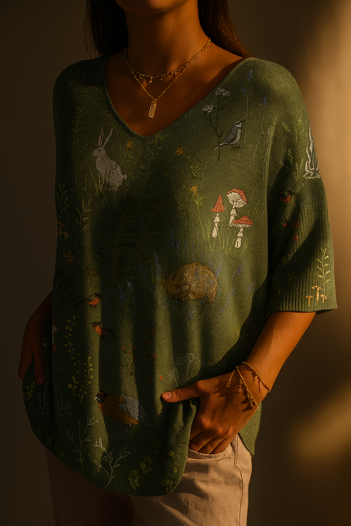 Pullover Casual in Maglia Stampata con Motivo di Bosco e Animali per Donna