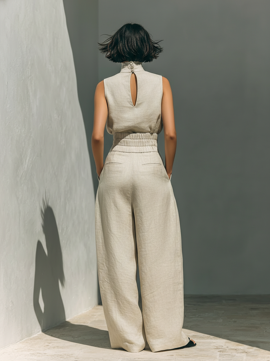Maria | Completo di canotta e pantaloni larghi in cotone e lino minimalista per donna