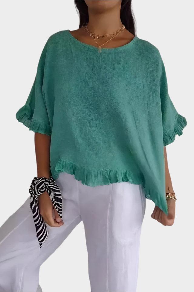 Top leggero in lino con volant e arricciature