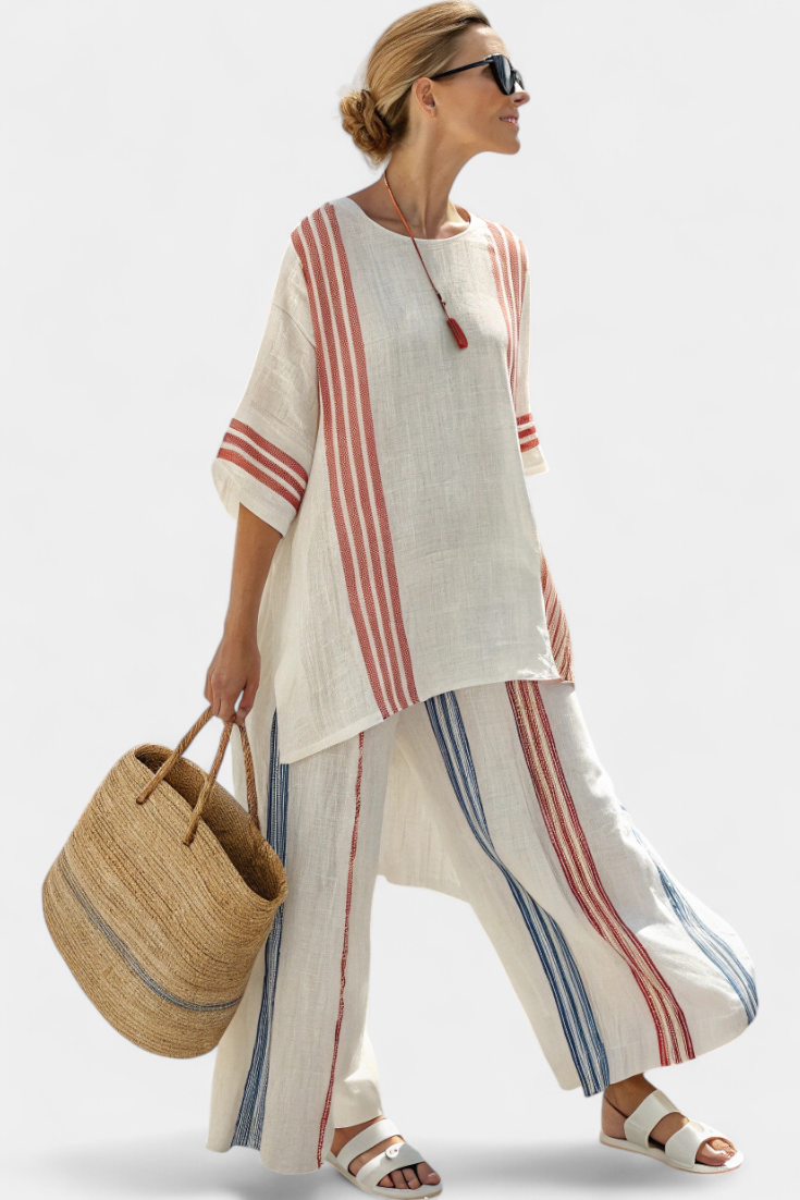 Ludovica – top a righe multicolore sofisticato e pantaloni mediterranei