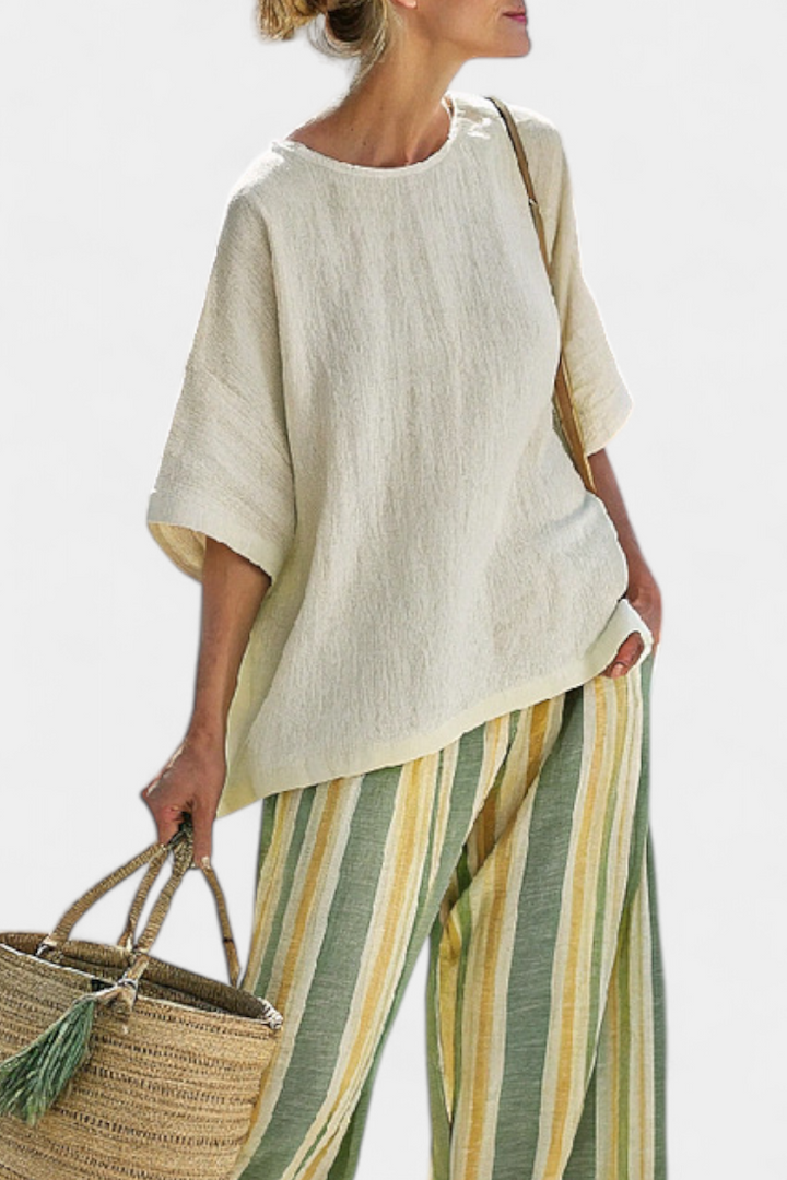 Caterina – top sofisticato e pantaloni in lino a righe