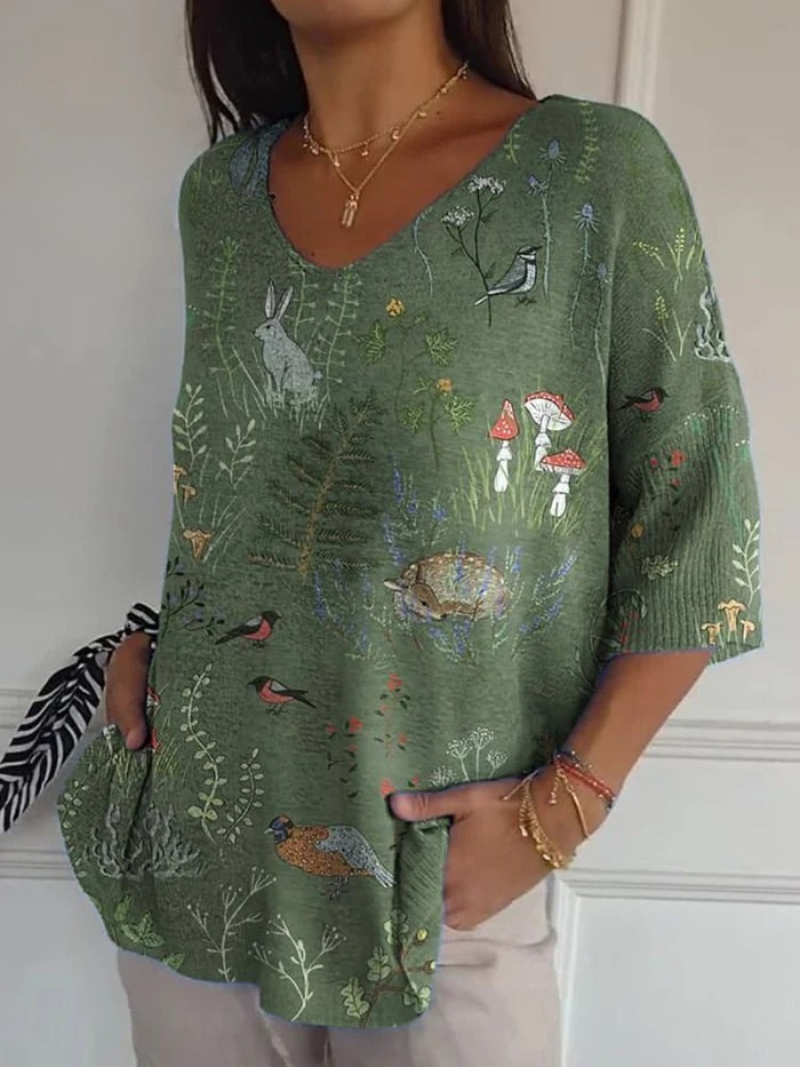 Pullover Casual in Maglia Stampata con Motivo di Bosco e Animali per Donna