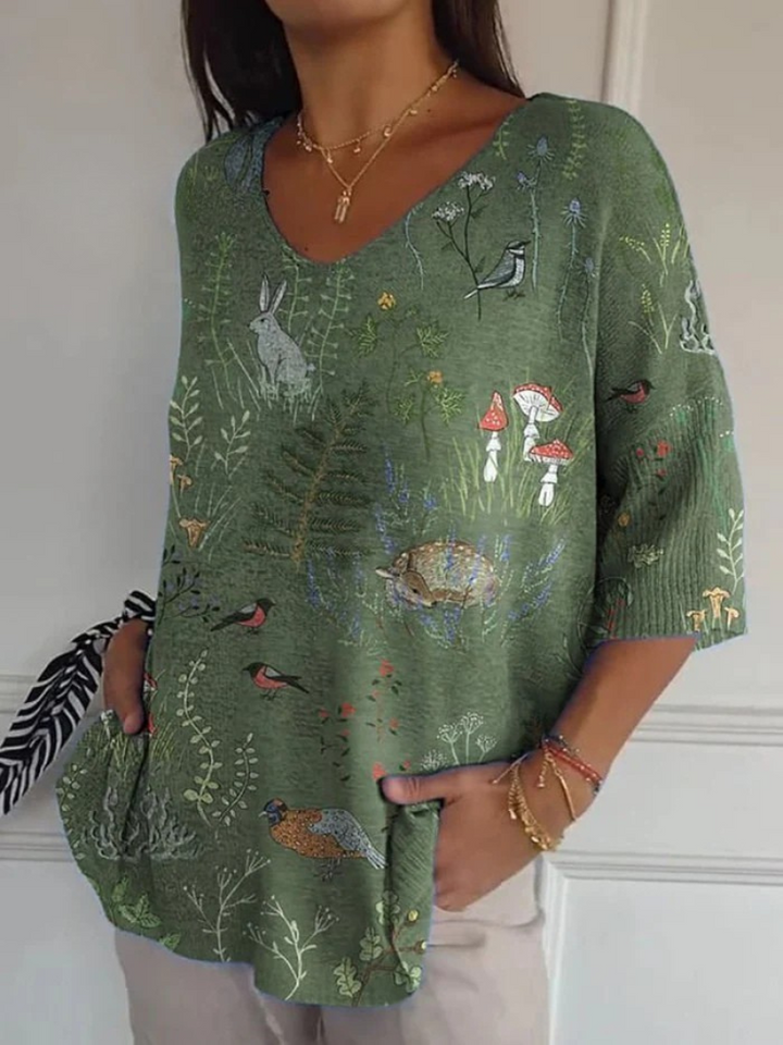 Pullover Casual in Maglia Stampata con Motivo di Bosco e Animali per Donna