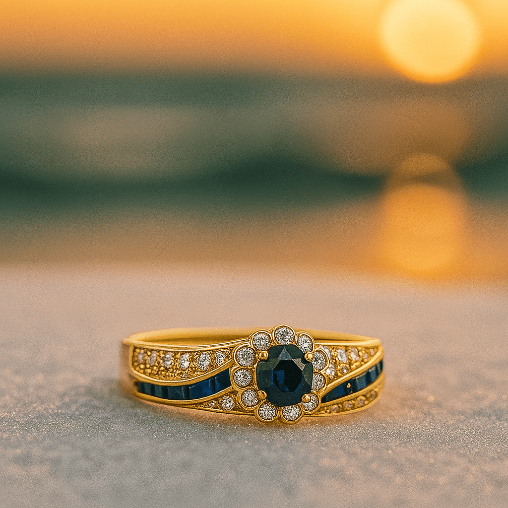 Anello di fidanzamento con zirconia blu e decorazioni in cristallo